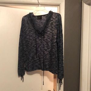 Navy/white v neck hooded sweater. Lace up v neck .